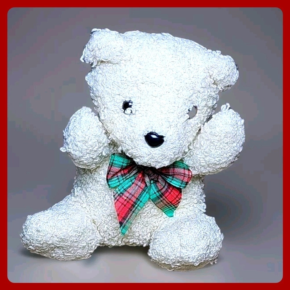 Sasco Vintage Teddy Bear‎ Plush 7" White Terry Cloth Christmas Plaid Bow Stuffed